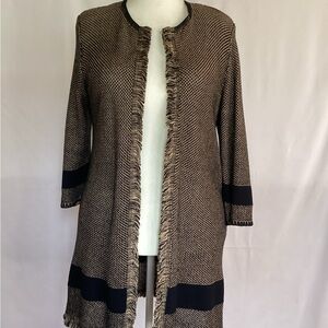 Kasper Brown and Black Fringe-Trim Open Cardigan